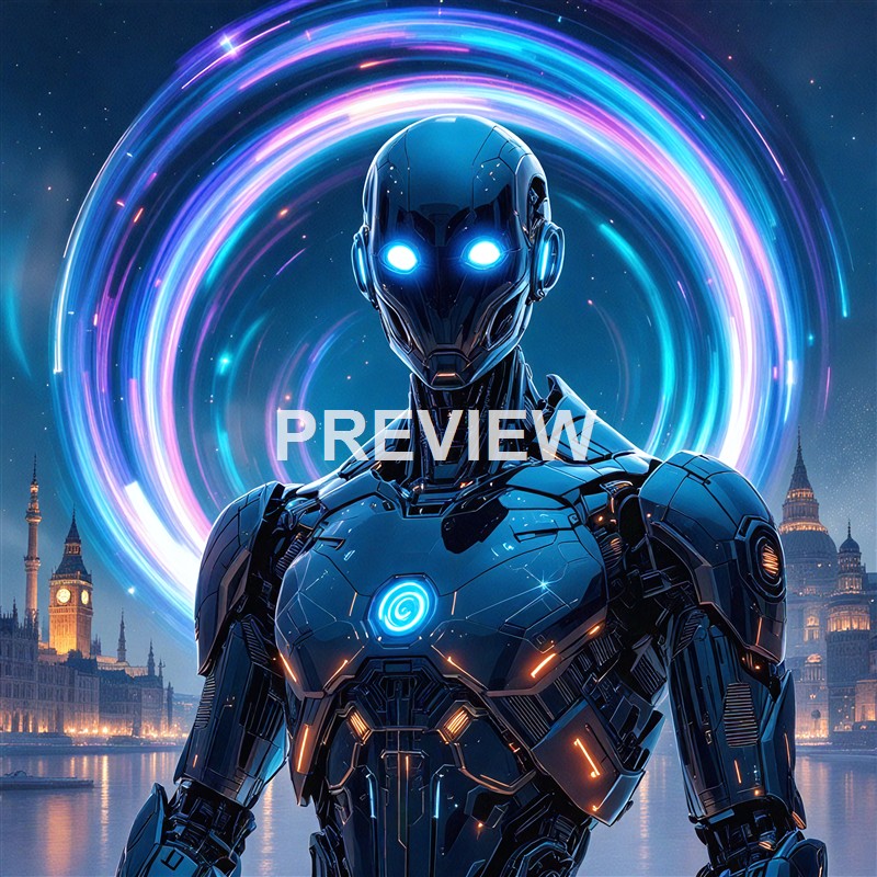 A highly detailed and futuristic humanoid robot with glowing blue eyes and a spiral symbol on its chest, standing in front of a cityscape at night with swirling neon lights in the background.